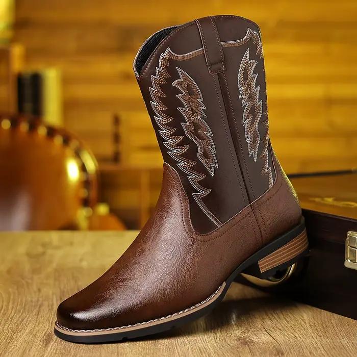 Bottes de cowboy brodées style western pour hommes, noires, mi-mollet, rétro, pour le travail en extérieur, décontractées, respirantes, antidérapantes