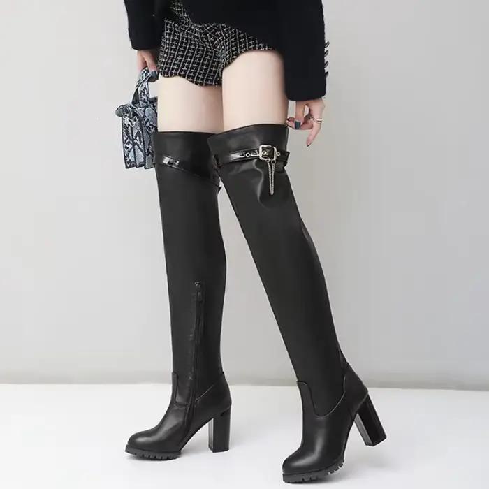 Bottes au dessus du genou pour femmes, mode, talons hauts épais, robe noire chaude, longue plateforme, cuissardes hautes, grande taille 50 T7-5