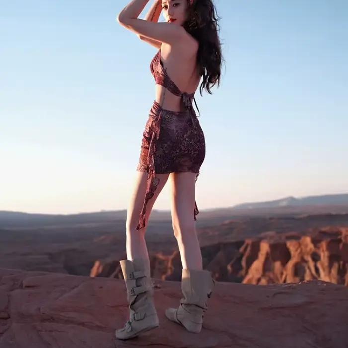 Nouvelles bottes hautes en daim mat pour femmes avec boucle de ceinture, talon dissimulé, style western, bottes de cavalier