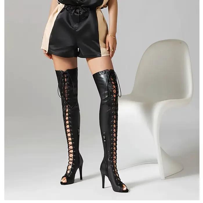 Femmes sexy talons sur le genou bottes à lacets botte