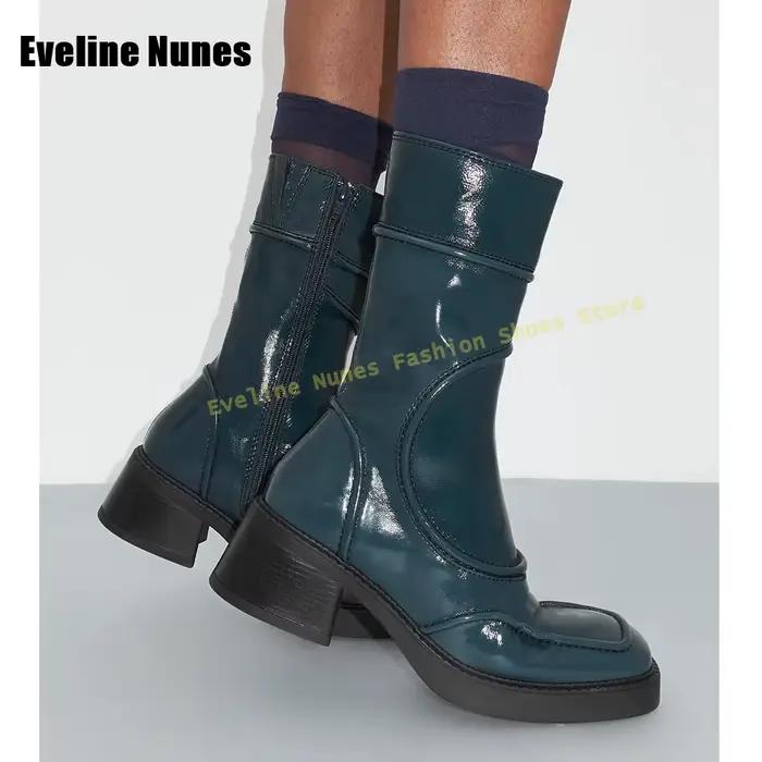 Bleu foncé bout carré mode bottes solide Patchwork côté fermeture éclair talon épais femmes élégant moderne mi-mollet bottes rétro 2025 automne chaussure