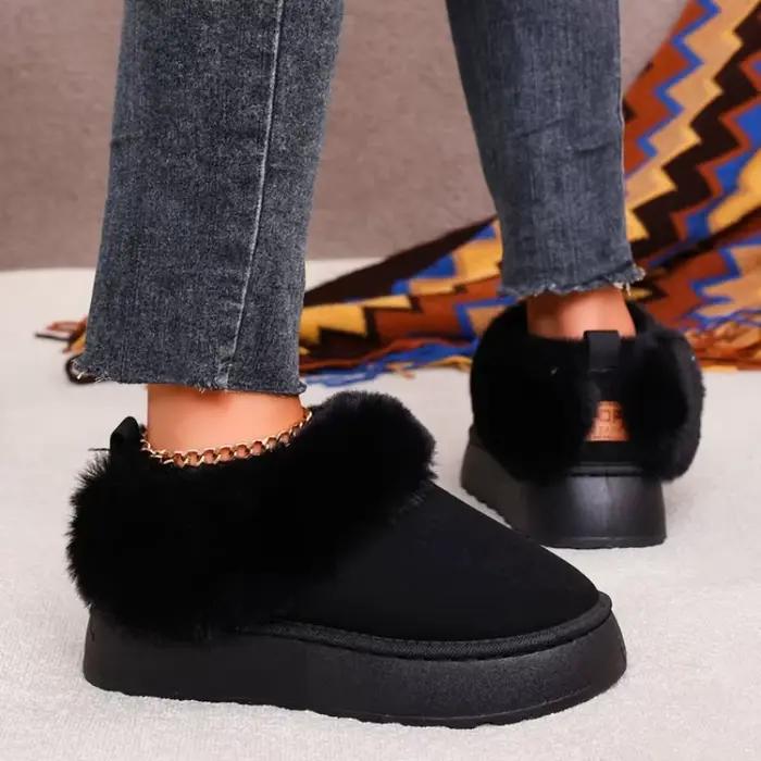 Bottines pour femmes à plateforme, talon plat, à enfiler, finition lisse, garniture en fausse fourrure, chaussures décontractées d'hiver, confortables et chaudes