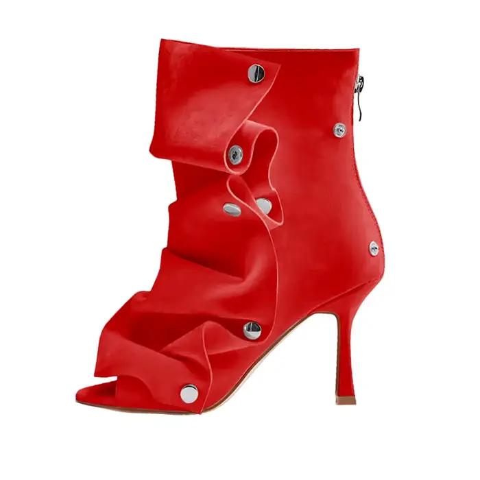 Bottes mi-mollet plissées à talon haut pour femme 2026 avec fermeture éclair arrière et tissu à carreaux style européen