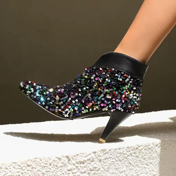 Bottes courtes à talons hauts et paillettes argentées pour femmes, style sexy, bottes modernes, talons fins, semelle en caoutchouc, ajustement parfait, ocassions spéciales et sorties nocturnes