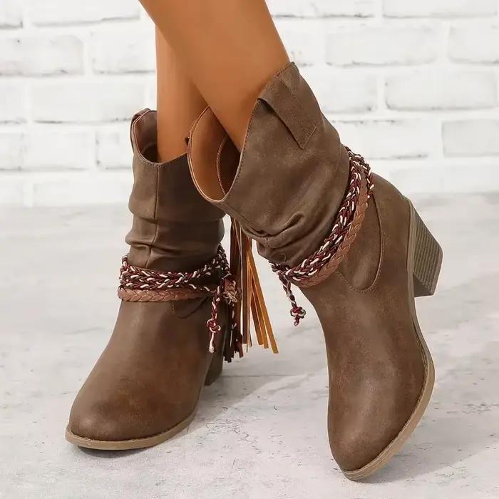 Bottines de Cowboy occidentales en cuir PU pour femmes, Vintage, marron, automne-hiver, pompon, bottines plissées à talons hauts, mi-mollet