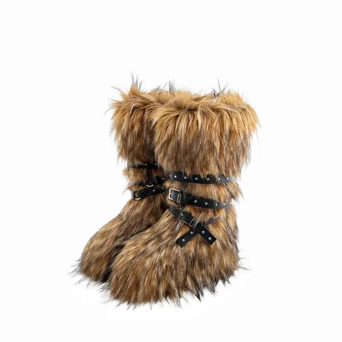 Faux fourrure genou-haute botte bout rond hauteur augmentant sauvage hiver plus chaud boucle de ceinture sans lacet