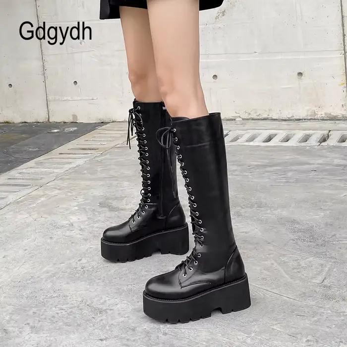 Gdgydh – bottes hautes en cuir Pu à talons épais pour femme