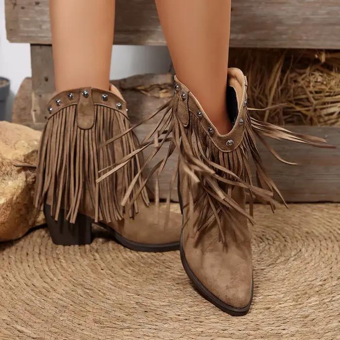 Femmes Cowboy bottes gland talons épais bout pointu chaussures