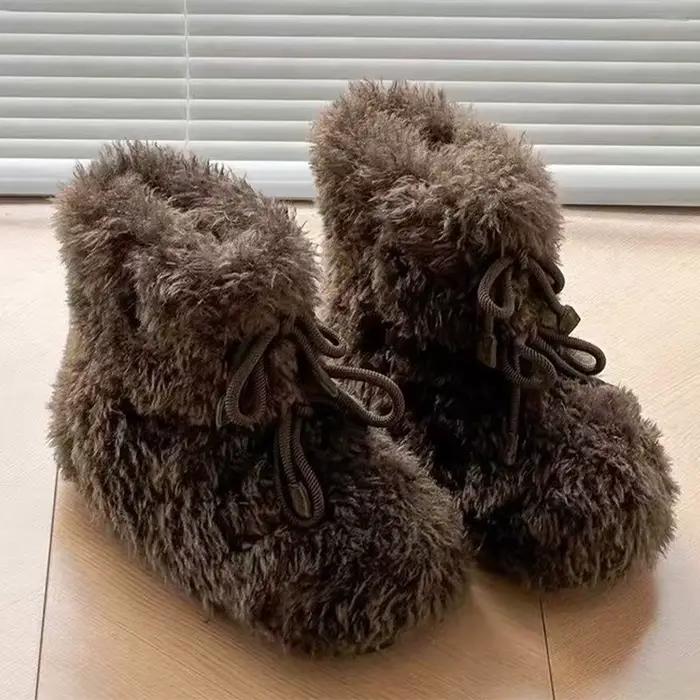 Fourrure femmes bottes de neige chaussures plates concepteur chaud coton