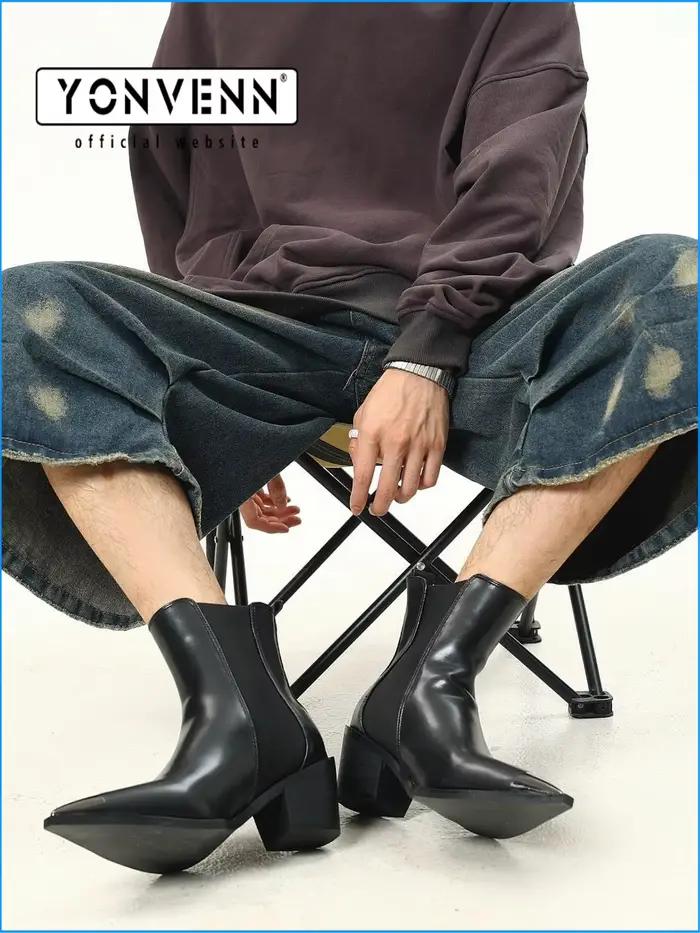 Bottes courtes rétro en cuir à talons épais pour hommes