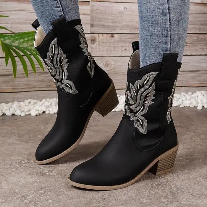Chaussures pour femmes, nouvelles bottes de cow-boy brodées, bottes à bout pointu et talon épais pour femmes, bottes hautes pour l'automne, Botas De Mujer