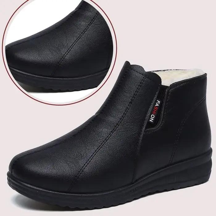 Chaussures en cuir souple pour femmes, botte en peluche, coton spinal, à semelle souple, à laisse moyenne, hiver