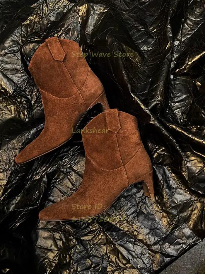 Bottines en daim marron et noir à talon mi-haut, bout carré, collection Runway 2026, chaussures habillées pour femmes, automne-hiver, couleur unie, fabriquées à la main.