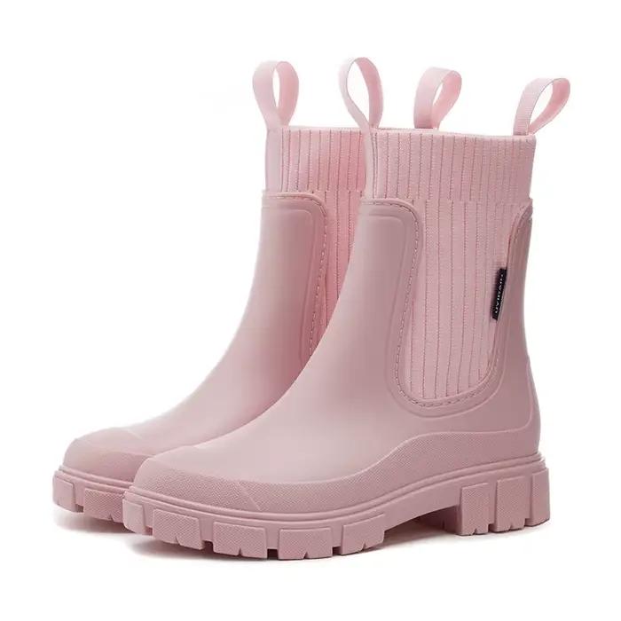 Bottes imperméables pour femmes en PVC, talon bas, bout rond, multi-couleurs, idéales pour la pluie, randonnées et activités extérieures
