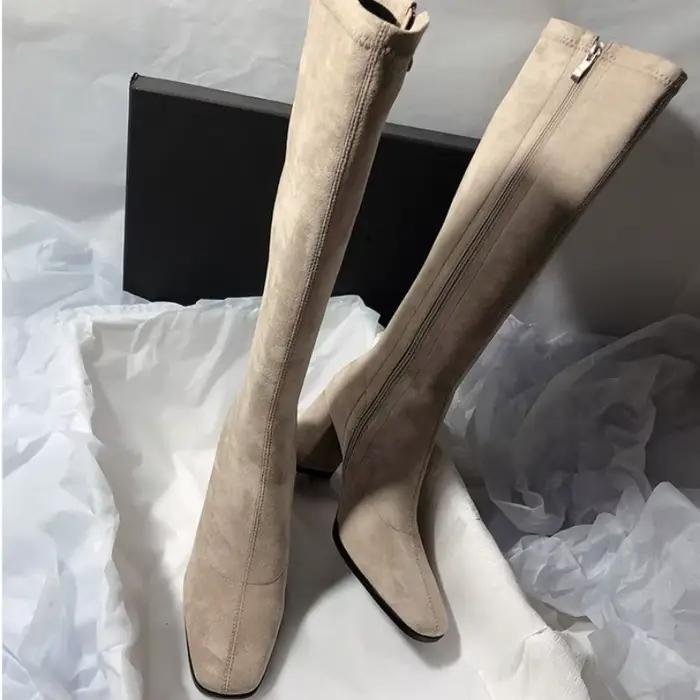 Bottes HKQD Femme Bout Carré Talon Carré Flanelle Automne Printemps Mi-Mollet Élégantes Occasions Spéciales