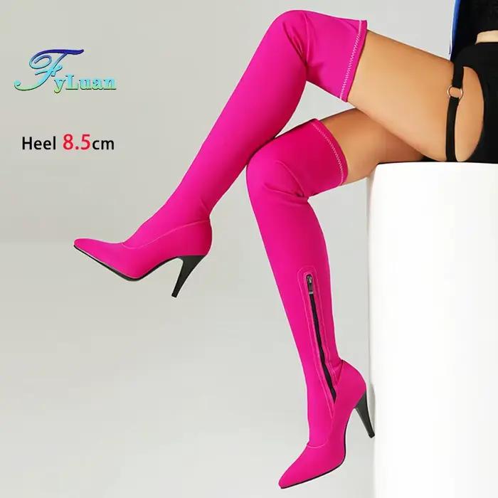 Cuissardes au dessus du genou en tissu élastique pour femmes, talons aiguilles de 8.5CM, chaussettes pointues à la mode, chaussures pour femmes, grande taille 48