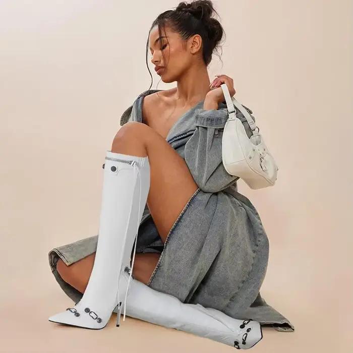 Bottes hautes sexy pour femme, design rétro chic, talons fins et hauts avec rivets, pour hiver et occasions spéciales