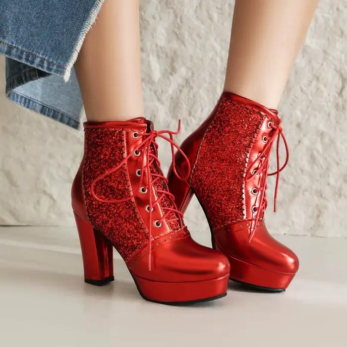 Bottes de rinçage à lacets à paillettes cloutées pour femmes