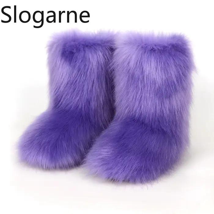 Dames Sexy fausse fourrure de renard bottes femmes moelleux fourrure bottes de neige femme hiver chaud en peluche plate-forme chaussures fourrure Bottes de luxe Bottes