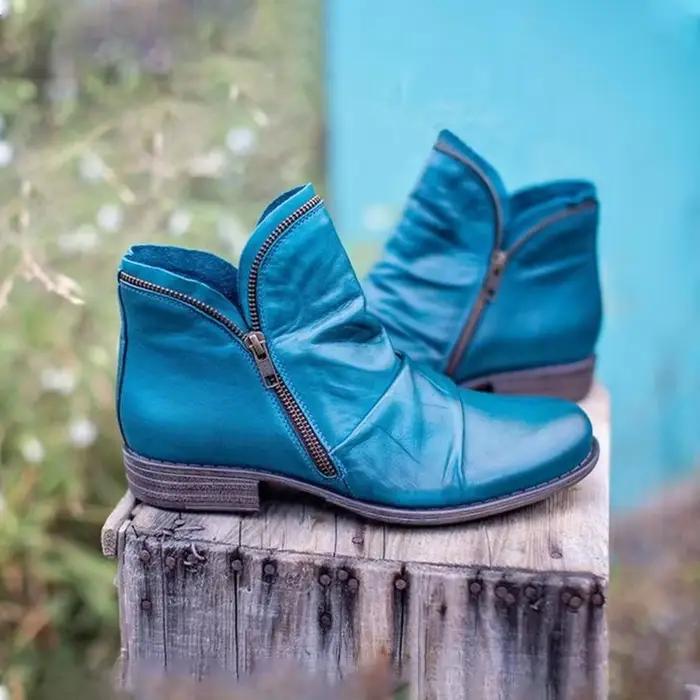 Bottines en cuir PU pour femmes, bottines de style rétro avec fermeture éclair latérale, tendance, collection printemps-automne