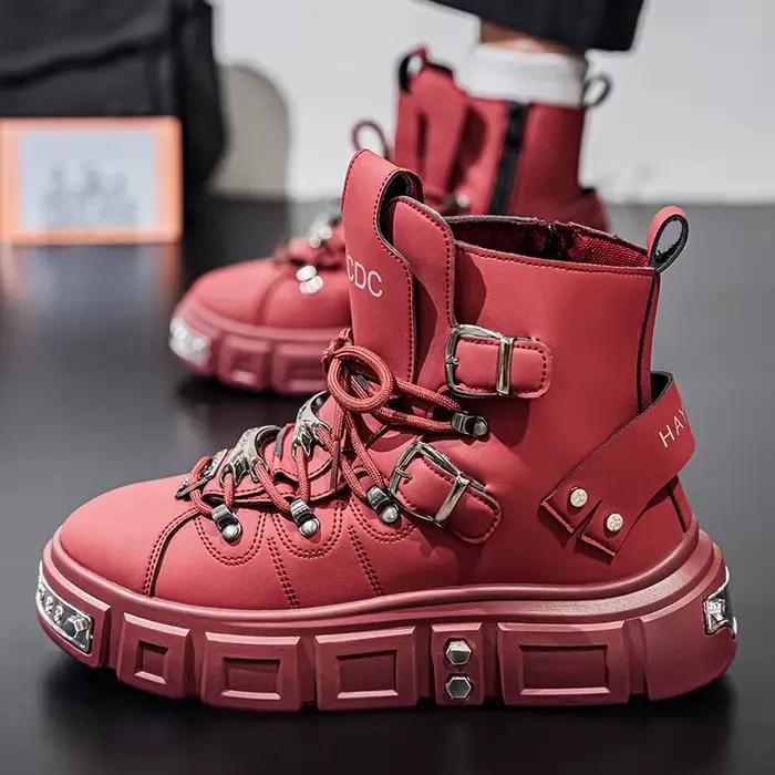 Bottes de marque originales pour hommes Punk plate-forme rouge tendance luxe homme chaussures mode riveté luxe moto bottes Botines Hombre