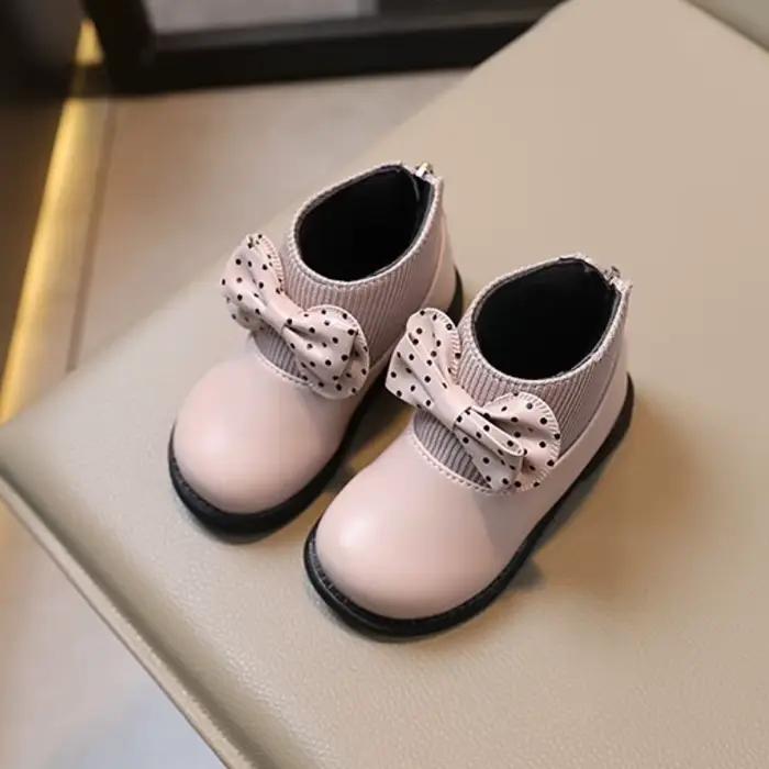 JGSHOWKITO Bottes à pois pour filles, bottes courtes antidérapantes avec nœud décoratif, bottes courtes de princesse antidérapantes pour enfants, bottines d'automne et d'hiver pour enfants