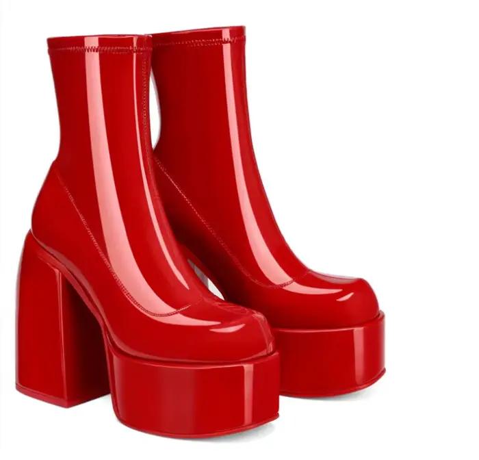 Bottes modernes femmes plate-forme talons bout rond botte en cuir talons épais fermeture éclair concepteur bloc talon chaussures mode filles chaussures décontractées