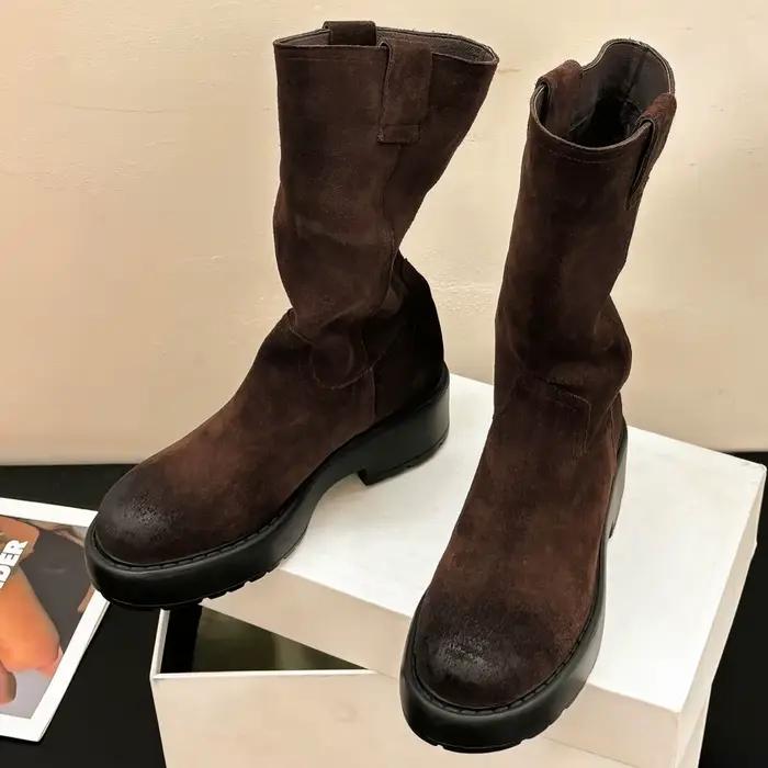 2025 femmes daim cuir semelle épaisse plate-forme plat sans lacet automne mi-mollet bottes casual femme punk demi bottes chaussures pour femme