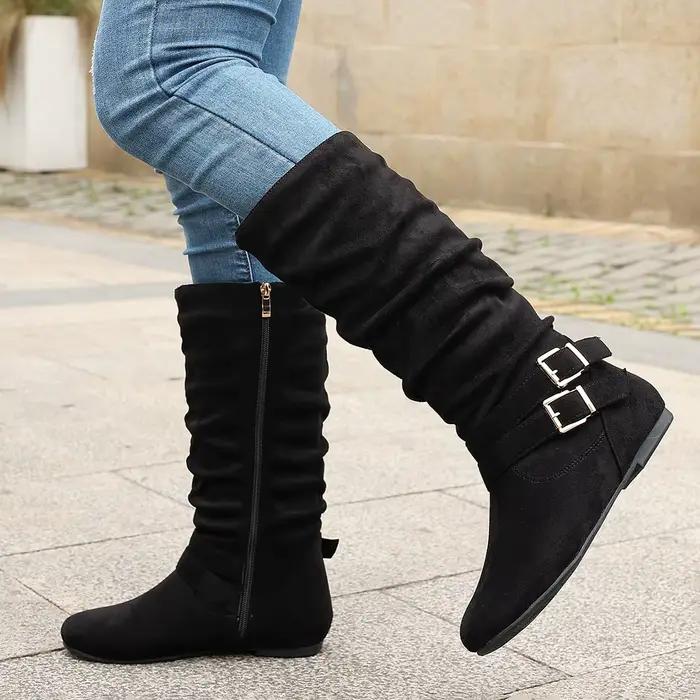 Bottes plissées à talons plats de style européen pour femmes