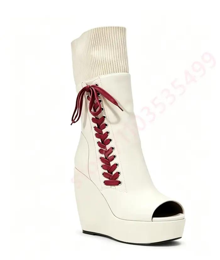 Nouvelles Bottines Compensées à Plateforme en Tricot Bordeaux 2026 pour Femme