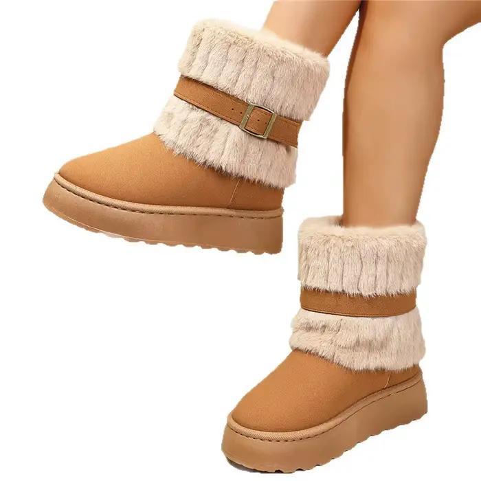 Bottes de neige décontractées à fond épais doublées de polaire épaisse pour femmes, chaussures chaudes d'hiver en coton avec ceinture décorée, bottes montantes à bout rond