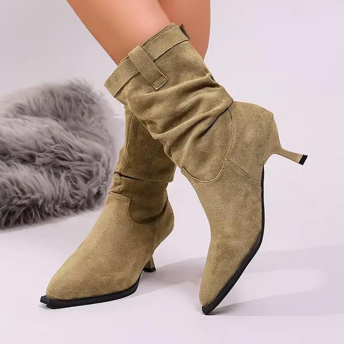 Bottines plissées à talons hauts pour femmes, collection automne 2026, en faux daim, à talon fin, bottes courtes à bout pointu, style cowboy