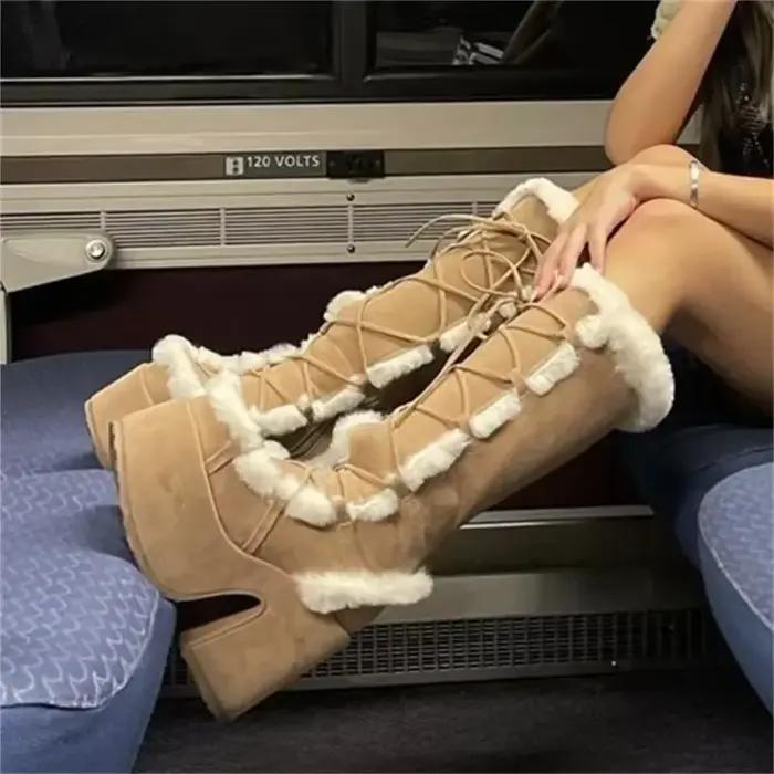 Bottes de neige à plateforme et talons hauts pour femme, chaussures gothiques en fausse fourrure, en peluche, chaudes et antidérapantes, mi-mollet, nouvelle collection hiver