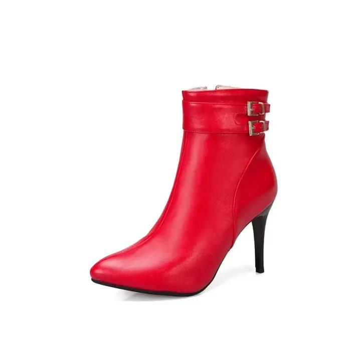 Botas De Mujer femmes bottes Sexy bout pointu ceinture boucle fermeture éclair noir talons hauts robe fête mariage chaussures mariée botte courte 3995