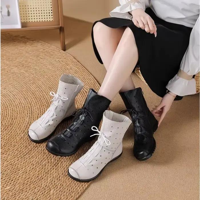 Nouvelles bottes en cuir véritable femmes à lacets chaussures creuses dames fermeture éclair mi-mollet bottes femme concis blanc botte de luxe Vintage