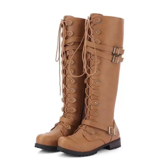 Nouvelle mode femmes genou bottes hautes marque à lacets plate-forme chaussures Sexy avec boucle PU rétro