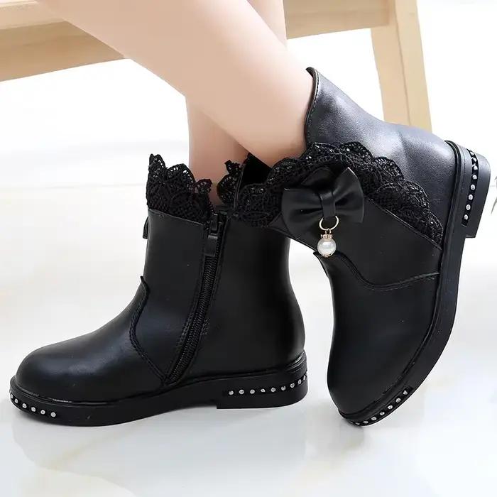 Filles princesse bottes enfants bottines dentelle avec nœud papillon doux chaud coton enfants bottes en caoutchouc doublure de fourrure bottes de neige chaussures nouveau