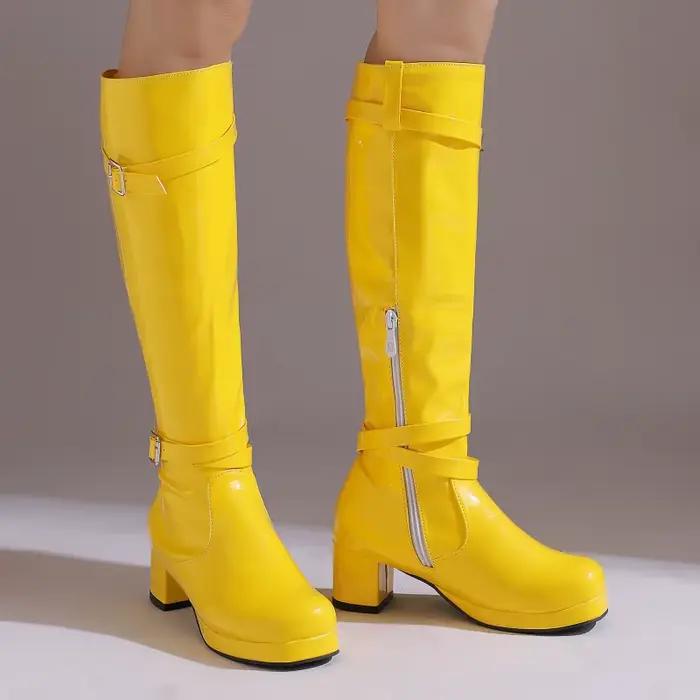 Bottes hautes pour femmes 2025 – Chaussures d'hiver en cuir verni noir et blanc à talons carrés bas