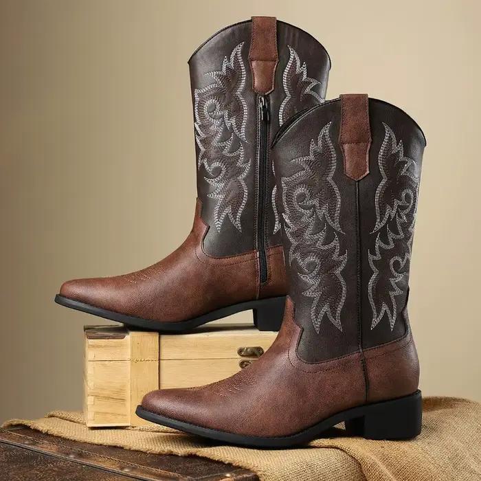 Bottes de Cowboy occidentales pour hommes, bottes pointues mi-mollet, bottes de chevalier rétro brodées pour hommes, bottes de luxe en cuir Botas Hombre