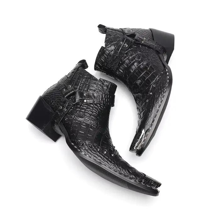 Botas Designer noir bout pointu hommes bottines en cuir véritable grande taille hommes chaussures de fête Rivets Zip Cowboy moto bottes courtes