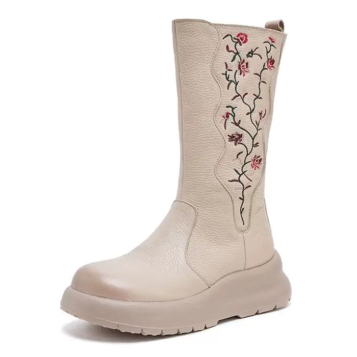GKTINOO – bottes longues brodées en cuir véritable pour femmes, bottines à semelle épaisse faites à la main, chaussures à semelles compensées, bottes mi-mollet à plateforme