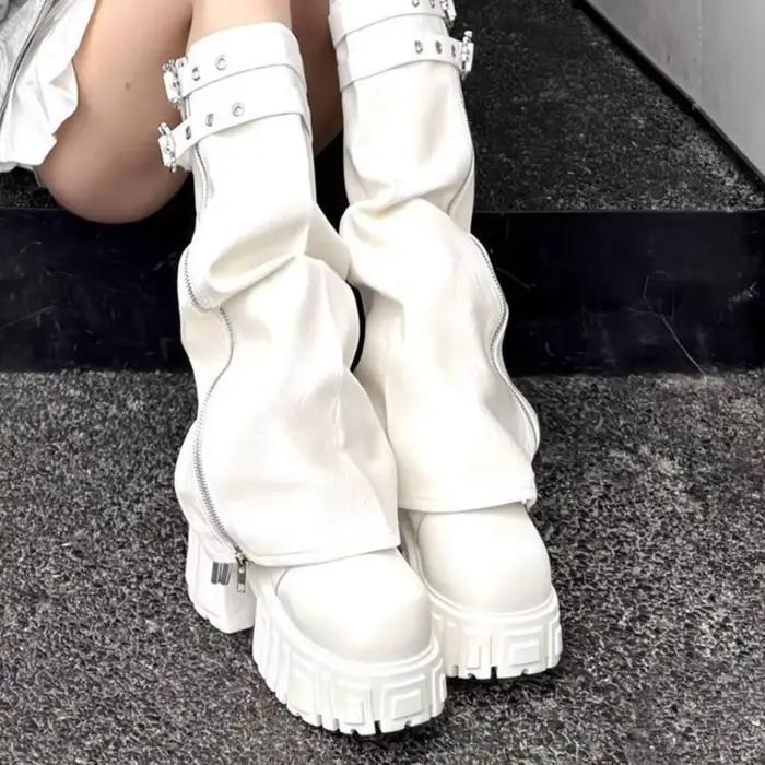 Bottes de combat blanches à plateforme amovible pour femmes, style punk, bottes hautes souples, chaussures confortables pour le style urbain