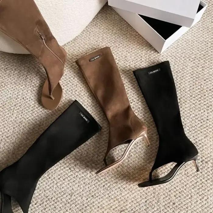 2025 noir bout ouvert bottes au genou à clipser chaussons modernes pour femmes mince talon bas fermeture éclair latérale printemps été fête talons sandales
