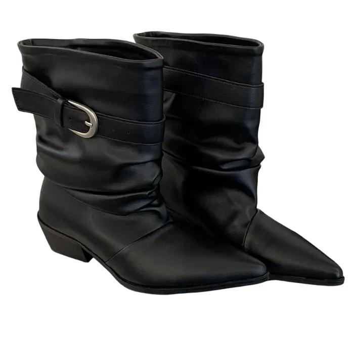Nouvelles Bottes Cheville Pointues Style Chevalier 2026 - Bottes Mi-Mollet en Cuir Antidérapantes à Talon Épais et Ceinturées pour Femme