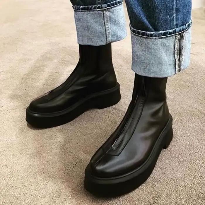 Nouvelles femmes avant fermeture éclair conception cheville Botas vache daim semelle épaisse couleur unie bottes