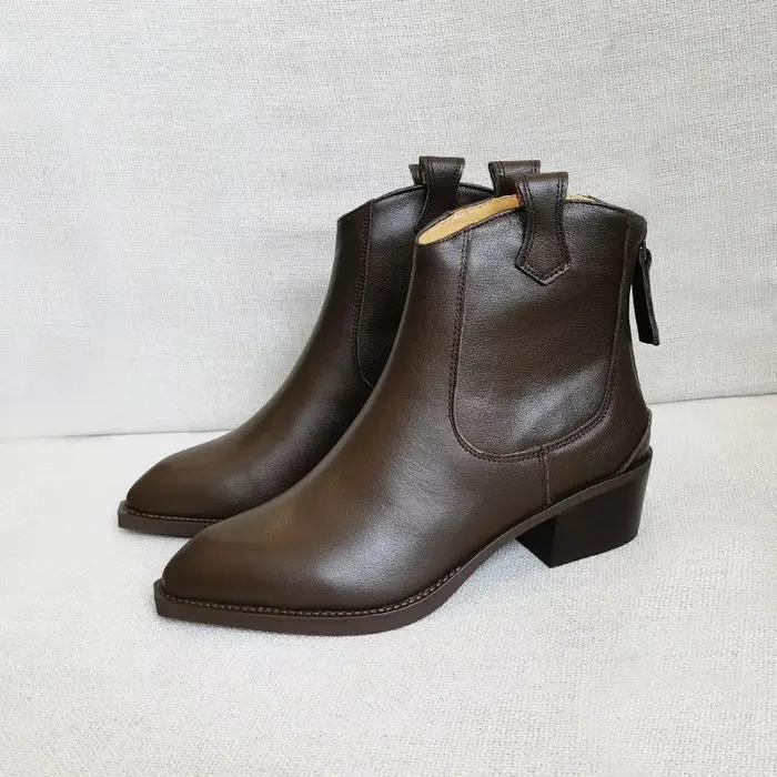 Bottines Chelsea classiques en cuir véritable pour femme, bottines à bout pointu et talon compensé, bottes de Cowboy simples et confortables, automne 2025