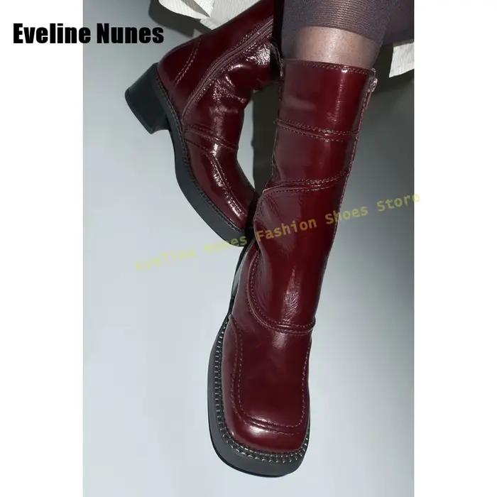 Bleu foncé bout carré mode bottes solide Patchwork côté fermeture éclair talon épais femmes élégant moderne mi-mollet bottes rétro 2025 automne chaussure