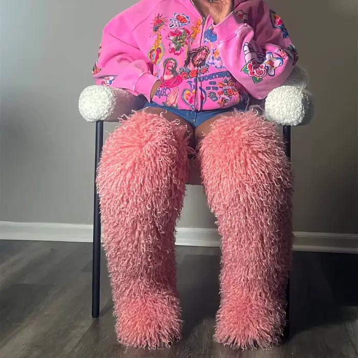 Femmes Faux renard cuissardes fausse fourrure bottes hiver chaud avec fourrure à l'intérieur nouveau concepteur en peluche genou haute fourrure bottes