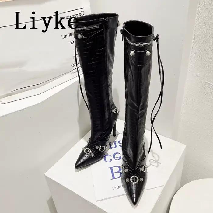 Liyke 2026 nouveau Sexy bout pointu genou bottes hautes femmes pôle danse talons aiguilles pompes mode gland Zip Rivet hiver longues chaussures
