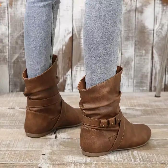 Bottes mi-tube automne nouveau bout rond manches Rivet semelle souple antidérapant résistant à l'usure chaussures à talons bas